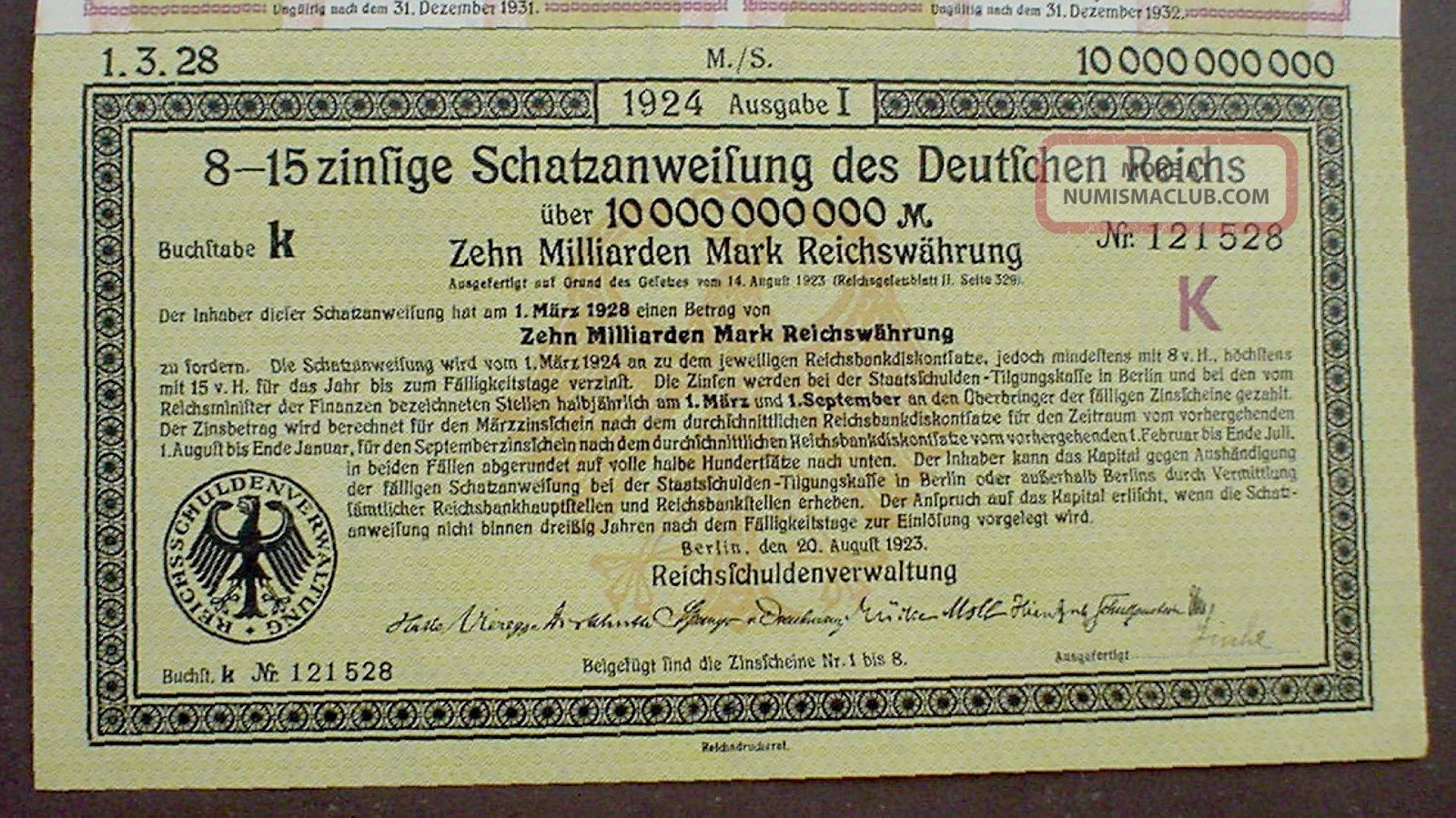 German Government 8 - 15, 10 Billion 10000000000 Mark Treasury Bond ...