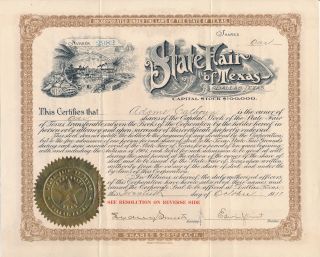 1911 State Fair Of Texas Dallas Stock Certificate / Rare photo