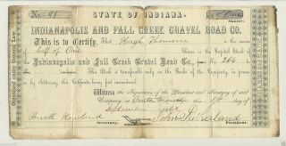1862 Stock Certificate For Indianapolis & Fall Creek Gravel Road Co. photo