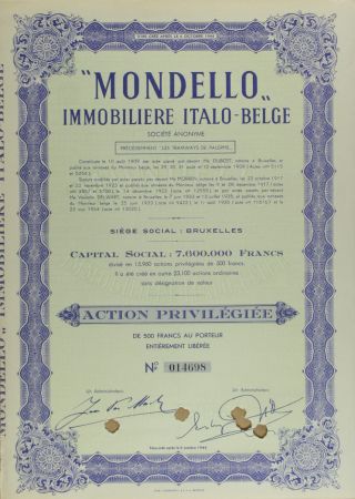 S702 Mondello Immobiliere Italo - Belge 1954 Bond Certificate Purple photo