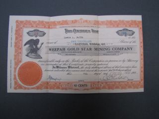 Old Gold Mining Stock Certificate Weepah Gold Star Mining Company photo
