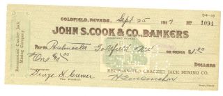 1917 Reorganized Cracker Jack Mining Co.  - Check 1094 - Goldfield,  Nevada photo