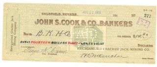 1916 Reorganized Cracker Jack Mining Co.  - Check 277 - Goldfield,  Nevada photo