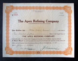 1924 Apex Refining Company (colorado) Stock Certificate photo
