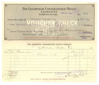 The Goldfield Consolidated Mines Company - Voucher Check - May 9th,  1913 - (2) photo