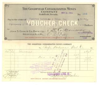 The Goldfield Consolidated Mines Company - Voucher Check - May 9th,  1913 photo