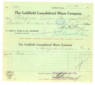 The Goldfield Consolidated Mines Company - Voucher Check - Jul 3rd,  1908 photo