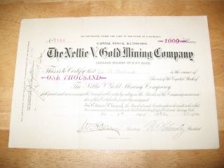 1900 The Nellie V.  Gold Mining Company Stock Certificate photo