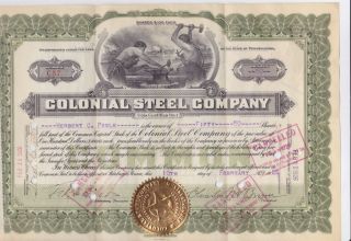 Monaca Pa 1926 Colonial Steel Co.  Stock Certificate photo