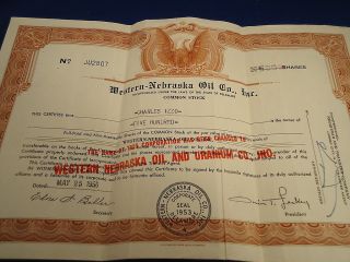 Stock Certificate 500 Shares Western Nebraska Oil & Uranium Co.  1956 Mining De photo