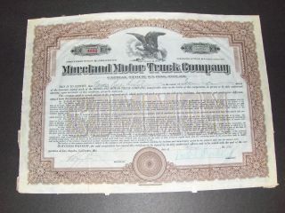Moreland Motor Truck Co Stock Certificate 10 Shares 1924 Los Angeles Ca 4632 photo