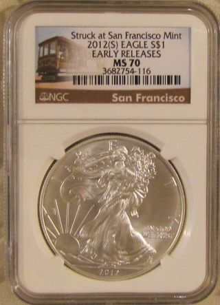 2012 (s) Silver American Eagle 1 Oz Ngc Ms - 70 Early Releases (trolley Label) photo