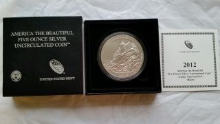 2012 - P 5 Ozt America The Nq2 Acadia National Park Silver Unc W/ photo