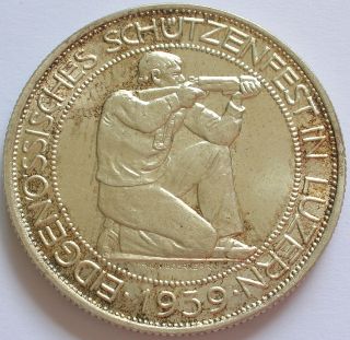 1939 Switzerland Silver 5 Francs Coin Lucerne Shooting Festival photo