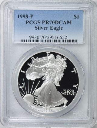 1998 - P $1 Pcgs Pr70 Dcameo American Proof Silver Eagle - Pr70 Rare.  999 1oz Z photo