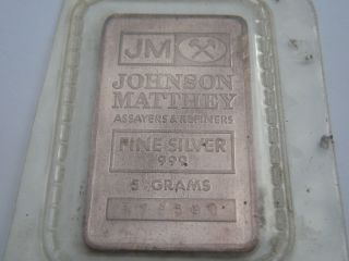 Cute Johnson Matthey 5 Gram.  999 Silver Bar Or Ingot In Plastic photo