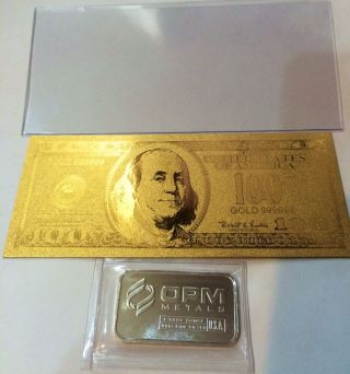1oz Pure.  999 Silver Bar Opm,  $100 24k Gold Plated Bill With Pvc Protector. photo