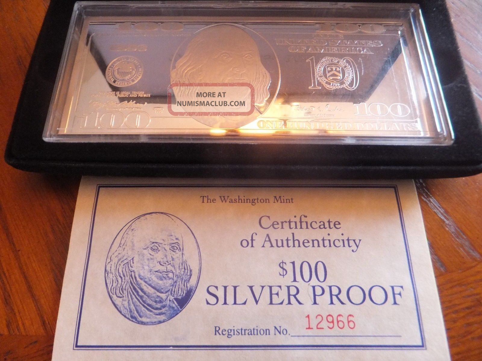 1996 - 4 Oz Silver Proof Ben Franklin $100 Bill Bar, Black Vel Case ...