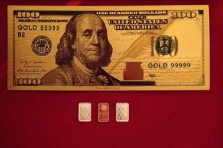 Pure 24k Gold $100 Colored Bill Banknote 2x1 Gram.  999 Silver 1 Gram Copper photo