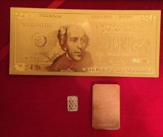 Pure 24k Gold $20 Bill Bank Note 1 Gram.  999 Silver 1 Oz Copper Cracker Bar photo