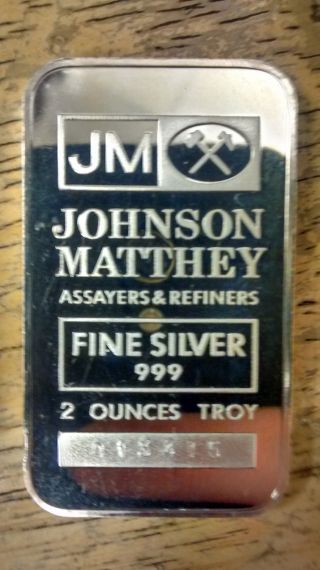 Rare 2 Troy Ounce Oz.  Johnson Matthey Jm.  999 Fine Silver Bar,  Serial 013415 photo