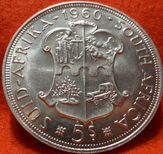 South Africa 1960 5 Shillings,  Silver Crown.  Very Large Foreign - Silver Coin. photo