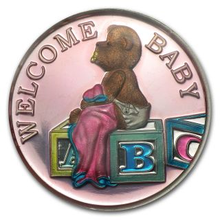1 Oz Welcome Baby Girl Enameled Silver Round - With Gift Packaging photo