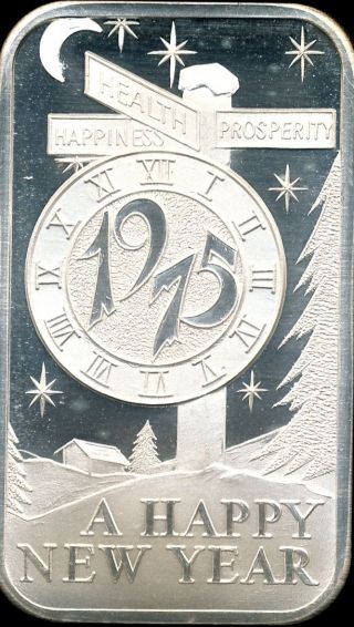 1975 A Happy Year 1 Troy Oz.  999 Fine Holiday Silver Art Bar photo