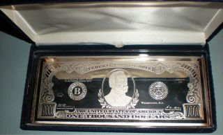 4 Troy Oz.  Silver Bar; Patterned After A One Thousand Dollar Bill 