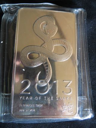 2013 Year Of The Snake 10 Troy Oz.  999 Fine Silver Bar,  Pl photo