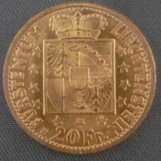 1946 B Gold Liechtenstein 20 Franken photo