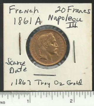 French 1861 - A Napoleon Iii 20 Francs Gold Coin,  Scarce Date, photo