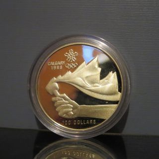 1987 Canada Calgary Olympics $100 Gold Proof Coin.  25 Agw / 27mm photo