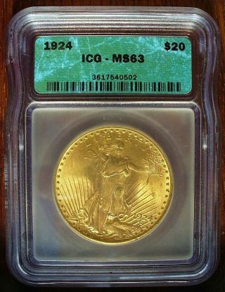 1924 $20 St.  Gaudens Icg Ms 63 Double Eagle Gold Beauty photo