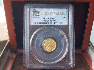 2008 W $5 Gold Buffalo 1/10 Oz Pcgs Ms 69 First Strike With Boxes And photo
