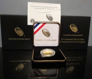 2014 - W Unc $5 Gold National Baseball Hall Of Fame U.  S.  Curved / Domed Coin photo
