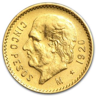 1920 Mexican Gold 5 Pesos Coin - Au/bu - Sku 34987 photo