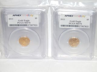 {qty 2} - 2013 1/10 Oz Gold American Eagle Pcgs Ms - 70 Apmex Gold Coin ' S photo