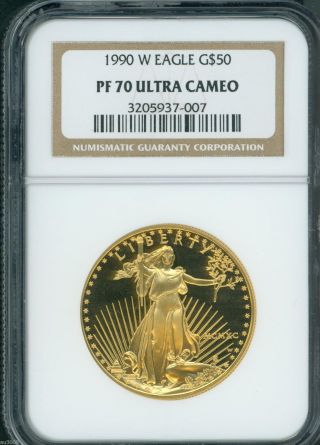 1990 - W $50 American Gold Eagle Age G$50 1 Oz.  Ngc Pf70 Proof Coin Pr70 U - Cameo photo