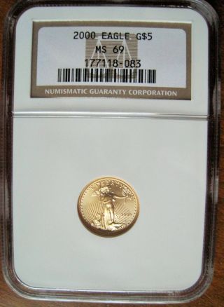2000 $5 American Gold Eagle Ngc Ms - 69 (1/10 Oz) Brown Label - & Ins photo
