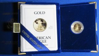 1993 Us Issued Proof Gold $5 Us Eagle 1/10th Oz.  Pure.  Includes Box & photo