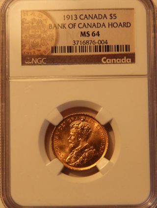 1913 $5 Bank Of Canada Gold Coin Ngc Ms 64 & photo