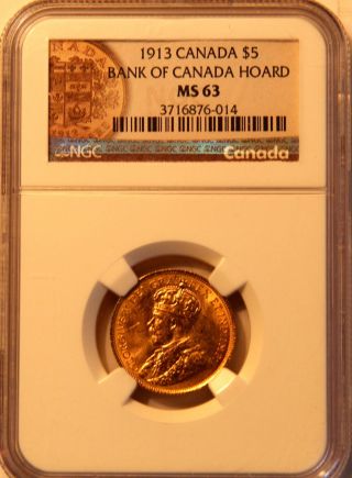 1913 $5 Bank Of Canada Gold Coin Ngc Ms 63 & photo