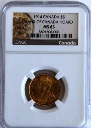 1914 $5 Bank Of Canada Gold Reserve Coin Ms 63 & photo