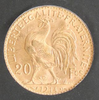 1914 French Gold 20 Franc Rooster Brilliant Uncirculated - A Great Collector Coin photo
