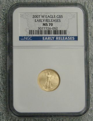 2007 W - 1/10 Oz.  Gold American Eagle $5 - Ngc Ms 70 Early Releases photo