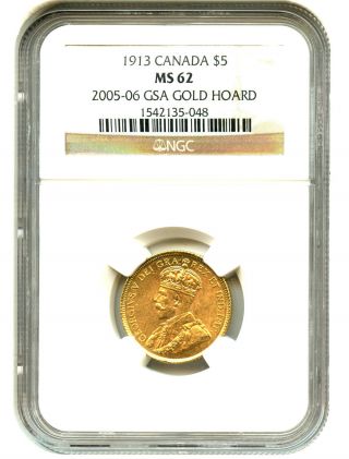 Canada: 1913 $5 Ngc Ms62 (gsa Gold Hoard) Gold & Platinum - photo