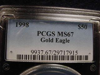 1998 Us One Ounce Gold $50 Eagle Pcgs Certified Ms - - 67 43 photo
