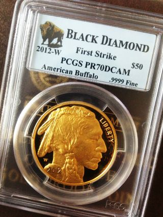 2012 W Gold Buffalo $50 Pcgs Pr70 First Strike Black Diamond,  Box & photo