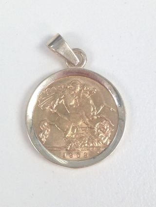 22ct & 9ct 1909 Half Sovereign Solid Gold Coin Pendant photo